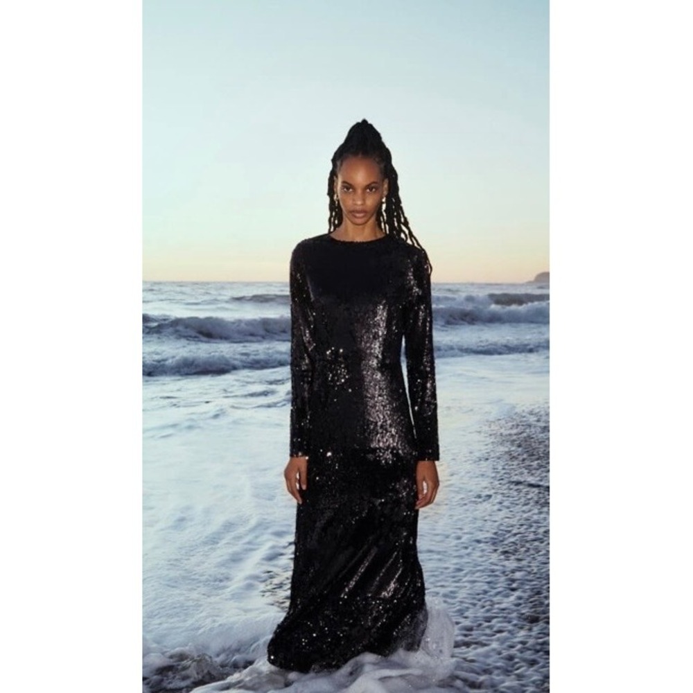 G. Label by Goop Isabella Sequin Maxi Dress Black Long Sleeve Size 2